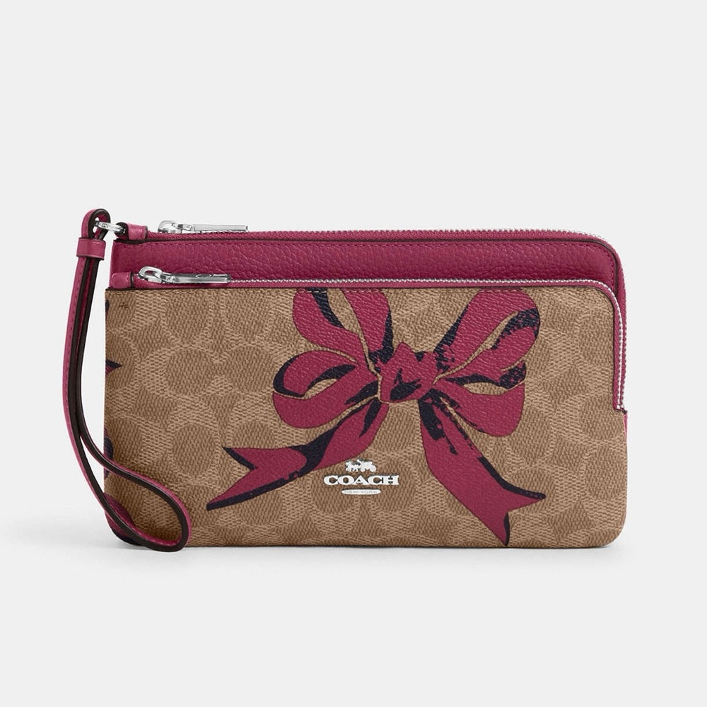 NWT Coach Double Zip Wallet In Signature Canvas With Bow Print CAA84